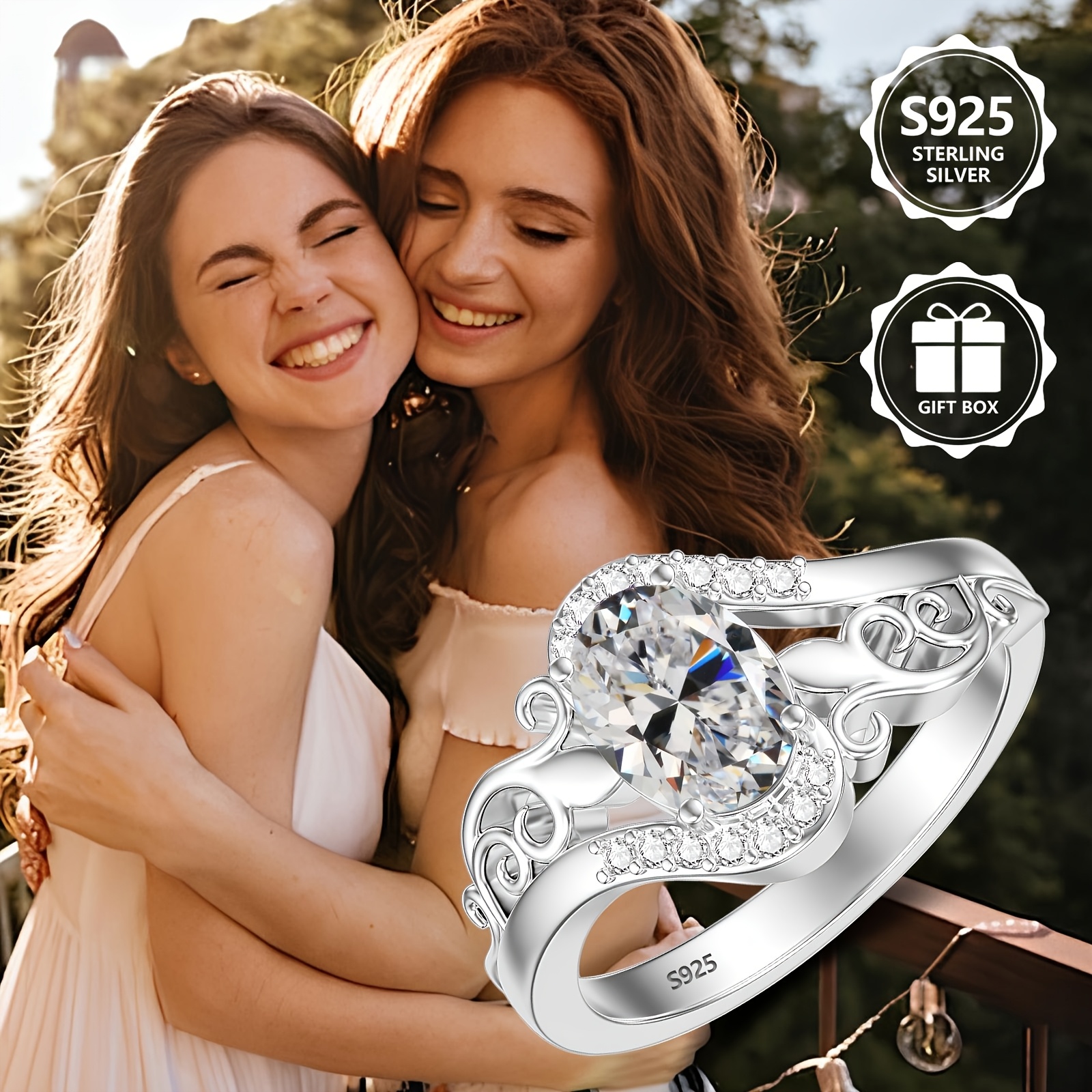 925 Silver Women's Anniversary Ring Bohemian Hollow Oval CZ Stone